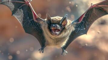 Close-up of a fierce bat in mid-flight showcasing its detailed wings against a blurred background photo