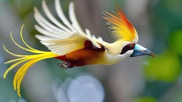 Vibrant tropical bird in mid-flight, showcasing colorful plumage against a blurred natural backdrop photo