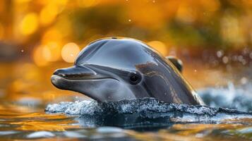 Playful dolphin swimming in clear water, surrounded by golden autumn foliage, creating a serene scene photo