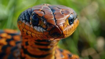 Close-up of a vibrant snake in a natural setting, highlighting its intricate scales and colors photo