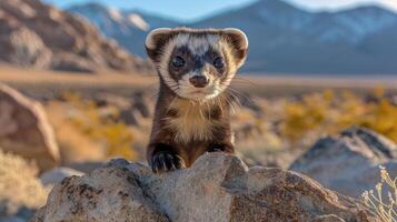 A curious ferret peeking over a rock in a vast desert landscape with mountains in the background photo