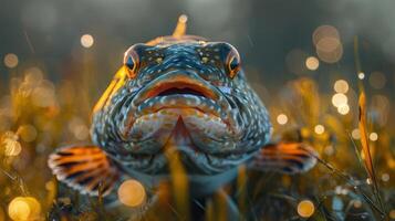Close-up of a vibrant fish resting in lush grass, shimmering sunlight in the background photo