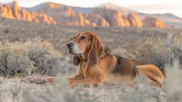 A serene dog resting in a desert landscape during golden hour, with mountains in the background photo