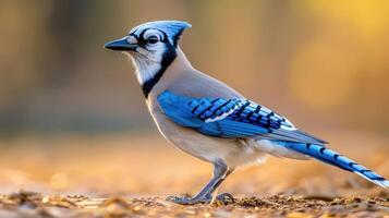A vibrant blue jay perched gracefully on the ground, surrounded by autumn foliage and soft light photo