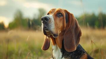 A beagle dog gazing thoughtfully in a sunlit field with tall grass and soft clouds photo