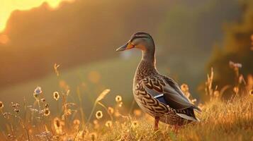 Serene sunset scene featuring a duck standing gracefully in a golden meadow, with soft light photo