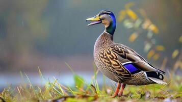 Vibrant male duck standing on the grass near a serene lake, surrounded by autumn foliage photo