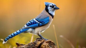 A vibrant blue jay perched on a rustic log, surrounded by a blurred autumn landscape photo