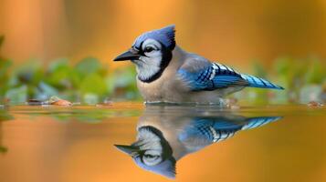 A Blue Jay perched gracefully on the water's edge, reflecting vibrant autumn colors in the background photo