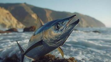 A vibrant fish struggling on a rocky shore with waves crashing in the background at sunset photo