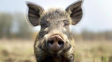 Close-up of a wild boar in a natural setting, showcasing its features against a blurred background photo