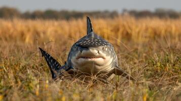 A whale shark emerging from tall grass in a surreal landscape, showcasing nature's uniqueness photo