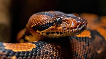 Close-up of a vibrant, patterned snake coiled on a branch in a lush, green habitat photo