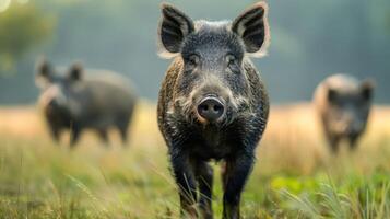 Wild boar family foraging in a serene meadow during golden hour, with soft sunlight filtering through trees photo