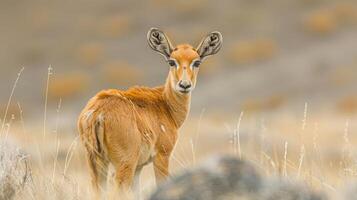 Young antelope standing in a golden grassland, with soft hills and blurred foliage in the background photo