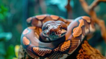Close-up of a vibrant snake resting on a branch in a lush green environment, showcasing its scales photo