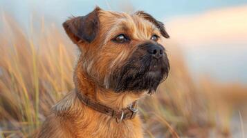 A focused dog gazes thoughtfully at a serene beach sunset, surrounded by tall grasses photo
