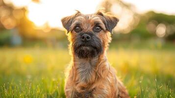 A close-up of a dog sitting in a sunlit grassy field during golden hour, with trees in the background photo