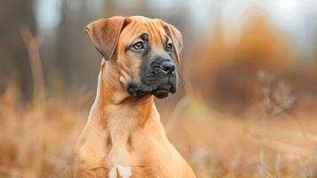 A close-up of a curious dog in a golden autumn field, with soft blurred trees in the background photo
