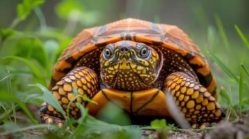Close-up of a vibrant tortoise on lush green grass, showcasing its intricate shell patterns and surroundings photo