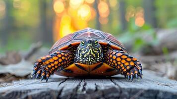 Colorful turtle crawling on a log in a serene forest setting with soft sunlight filtering through trees photo