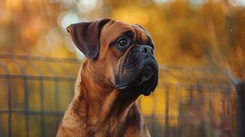 A close-up of a dog with a thoughtful expression against a blurred autumn background photo