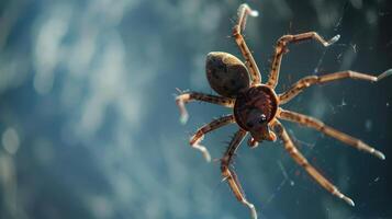 Close-up of a spider weaving its intricate web in a natural outdoor setting, with blurred background photo