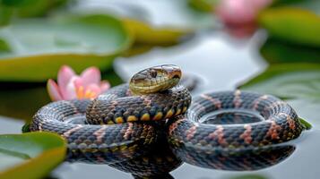 A close-up of a snake resting on lily pads in a serene pond with blooming flowers in the background photo