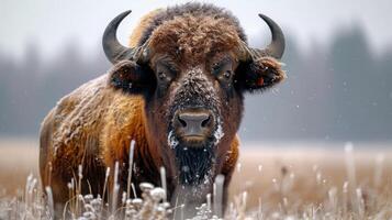 Majestic bison stands in a snowy field, surrounded by frosty grass and a misty forest backdrop photo