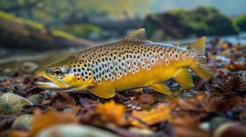 A vibrant brown trout resting on colorful autumn leaves beside a tranquil stream in nature photo