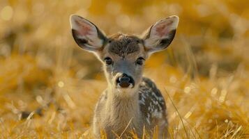 Young fawn resting in a golden field, surrounded by autumn foliage, with soft sunlight filtering through photo