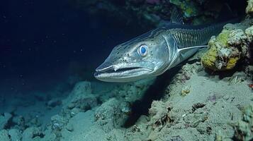 Underwater scene featuring a close-up of a fish exploring a vibrant coral reef habitat photo