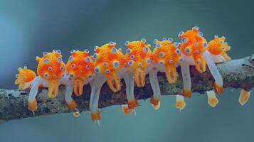 Colorful caterpillars perched on a branch, showcasing vibrant patterns against a blurred background photo