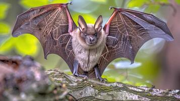 A close-up of a bat with outstretched wings perched on a tree branch in a lush forest photo