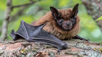 A close-up of a bat resting on a log in a vibrant forest, showcasing its unique features and habitat photo