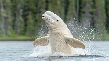 Majestic beluga whale breaching the surface in serene water, surrounded by lush green forest backdrop photo