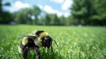 Close-up of a bumblebee on lush green grass in a sunny park with blurred trees in background photo