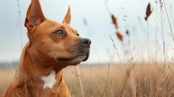 A close-up of a brown dog gazing thoughtfully in a grassy field under a cloudy sky photo