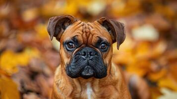 A close-up of a dog with a serious expression surrounded by autumn leaves in a park photo