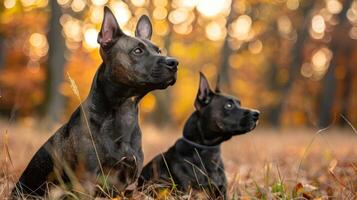 Two attentive dogs sitting in a golden autumn field, surrounded by blurred trees and warm colors photo