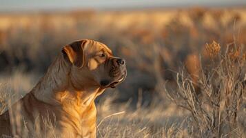 A calm dog gazes thoughtfully across a sunlit field, surrounded by tall grasses and distant hills photo
