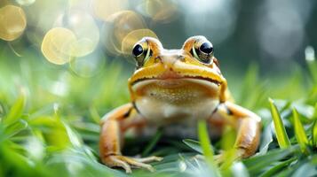 Close-up of a vibrant frog resting on lush green grass with a blurred bokeh background photo