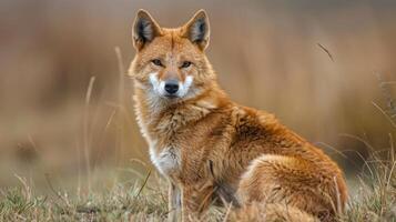 A striking golden fox sits gracefully in a natural landscape, surrounded by soft grass and distant hills photo