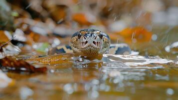 Close-up of a snake emerging from water amidst autumn leaves, creating a serene nature scene photo