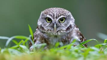 A close-up of a curious owl perched in lush green grass, surrounded by a serene natural backdrop photo