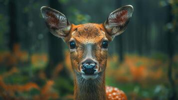 Close-up of a curious deer in a serene forest setting with vibrant foliage and soft light photo