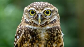 Close-up of a curious owl with striking yellow eyes perched among lush greenery in a serene habitat photo