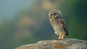 Young owl perched on a rocky surface, surrounded by a blurred natural landscape at dawn photo