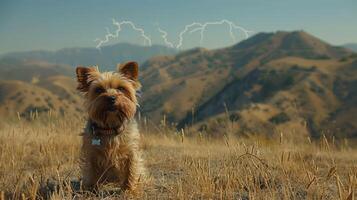 Small dog standing in a grassy field with mountains and lightning in the background photo