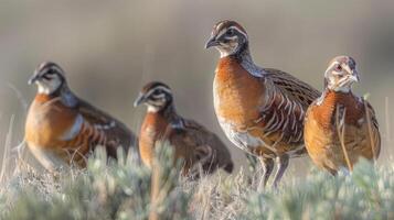 Group of four colorful birds standing on a grassy field during a sunny day in nature photo